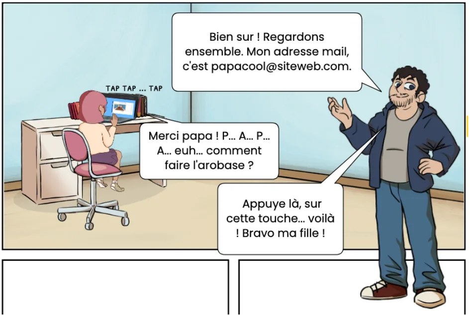A girl sitting at a desk creates her account on a computer, her father waits and gives instructions, with speech in French in speech bubbles.