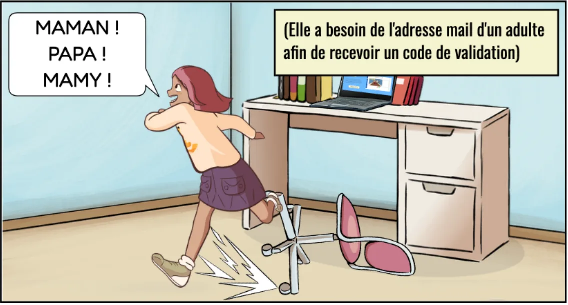 A girl runs across a room, looking happy, after knocking over an office chair. She shouts: “Mum! Dad! Granny!” next to a desk with a laptop and books. A text says she needs an adult’s email address to receive a validation code.