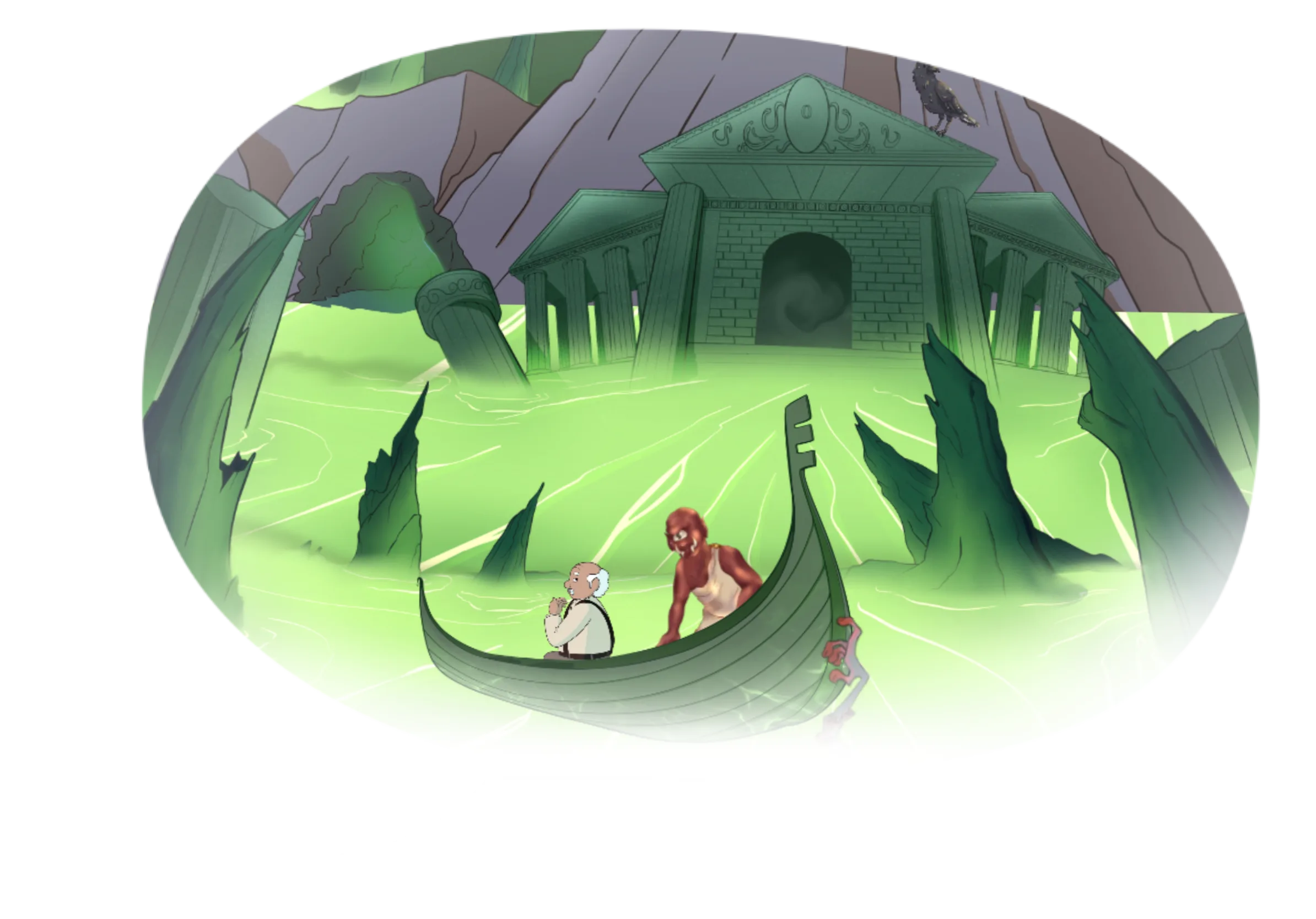A comic illustration: an ancient Greek-style building with columns in a mountain setting, surrounded by fluorescent green water. Two humanoid characters, an old man steered in a boat by a cyclops, are sailing.