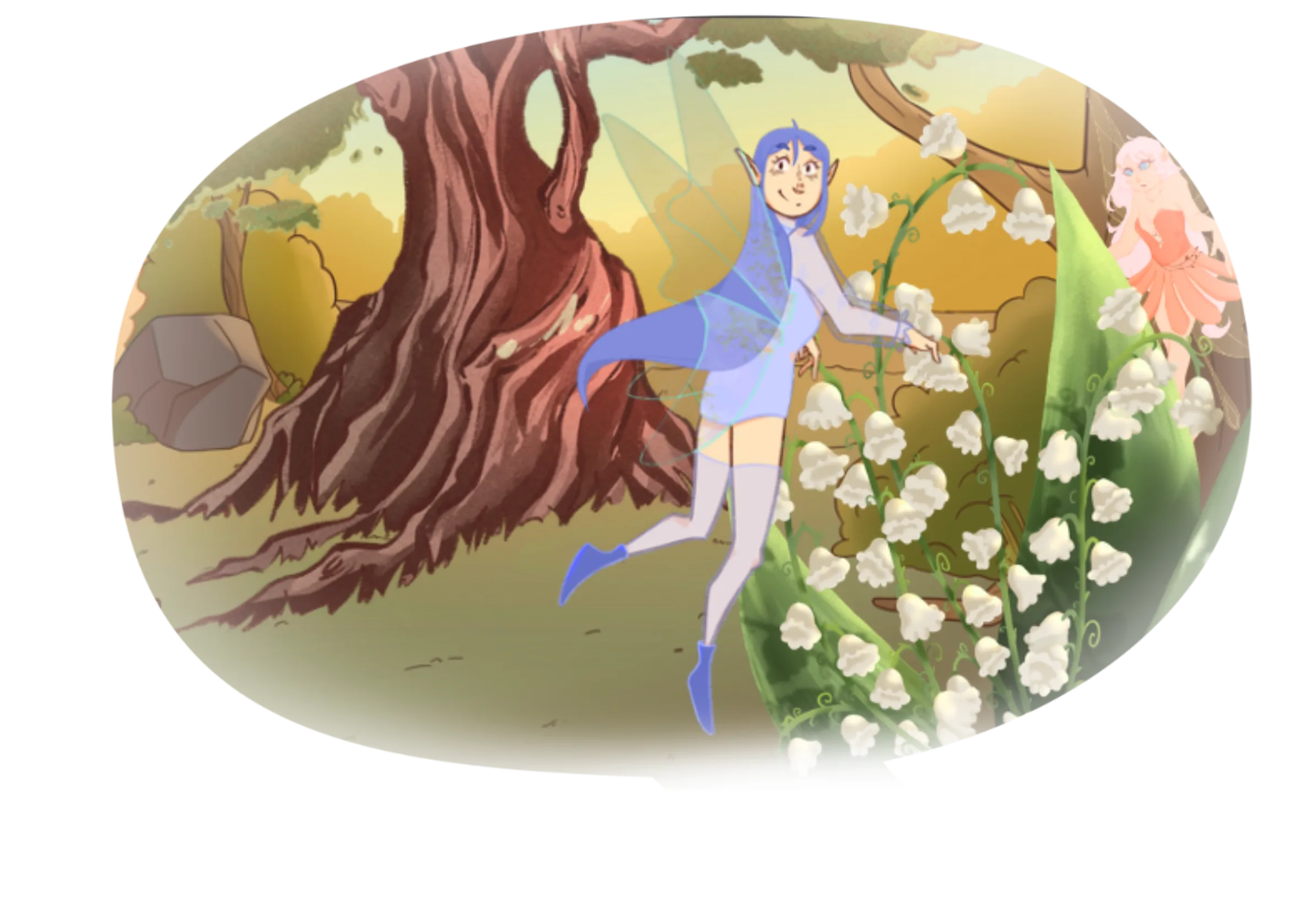 A fantasy scene from a comic illustration: a fairy in blue clothes with translucent wings flies among trees and white bell-shaped flowers in a sunny forest.