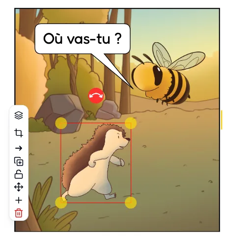 A comic book scene from the Junior Editions software featuring a hedgehog and a bee friend flying nearby, asking the question in a speech bubble, "Where are you headed?" An image editing bar with graphic design tools is on the left.