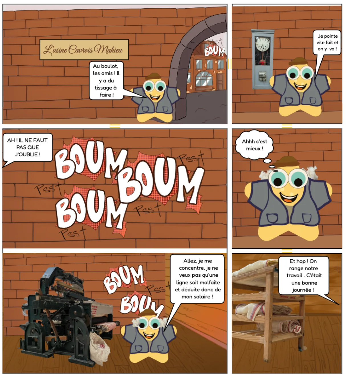 Comic about the story of a textile worker at the Cavrois-Mahieu factory, made after a visit to the La Manuf museum.