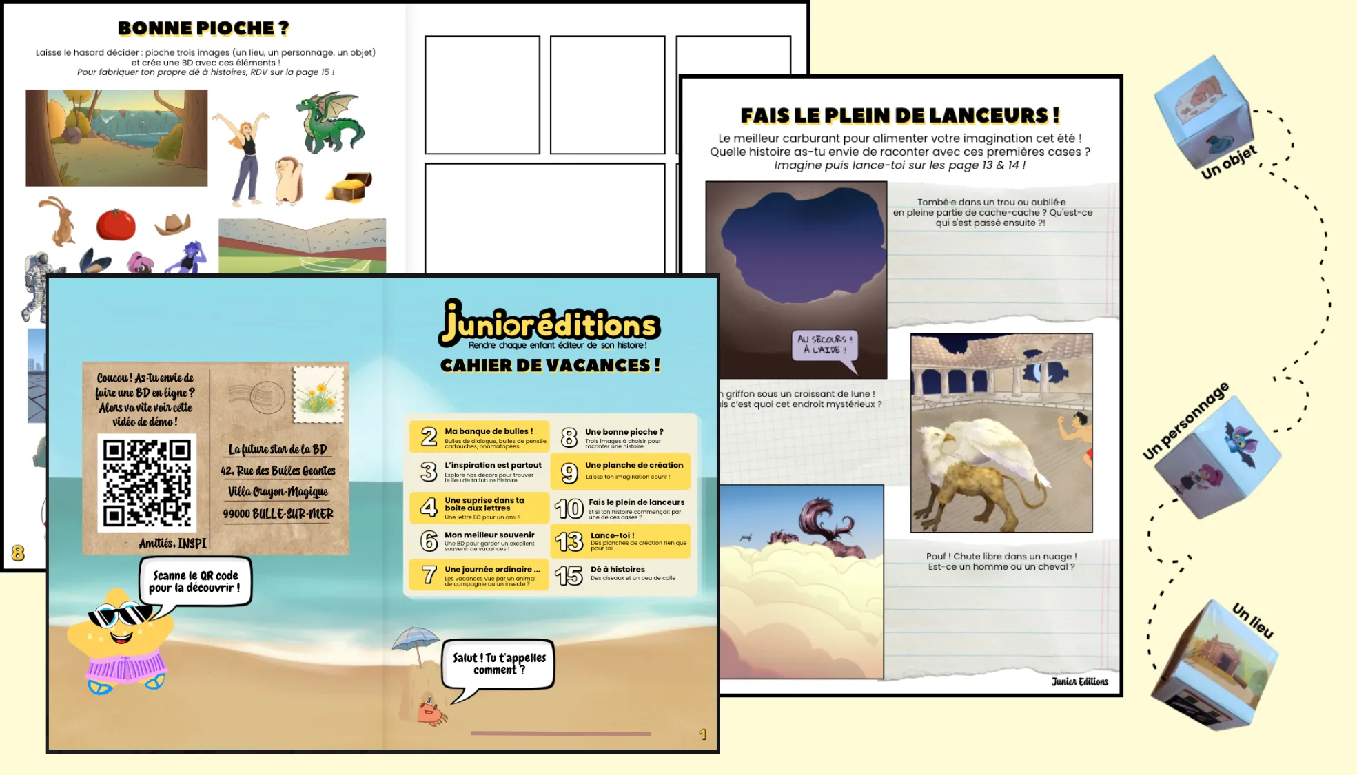 Extract from the activity booklet for children: imaginative games with fantastic animals, comic workshop, writing space and an exclusive QR code.