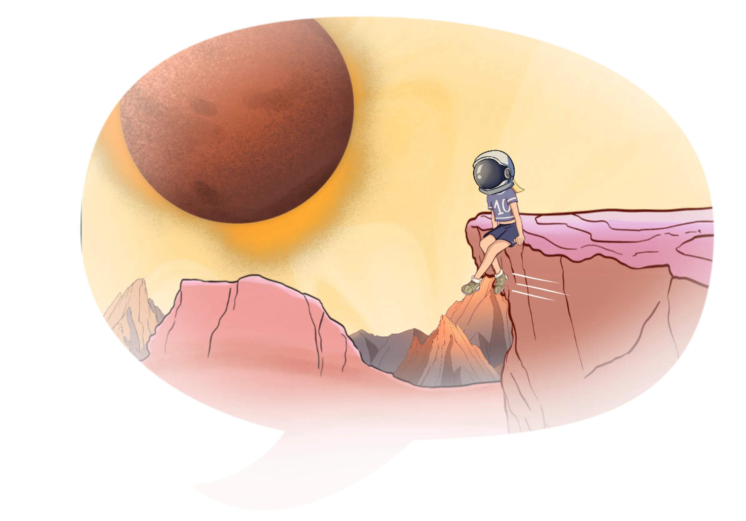 A comic illustration in a science-fiction cartoon style: a person wearing an astronaut helmet sitting on a rock in a mountain landscape with a yellow sky and a large red planet in the background.