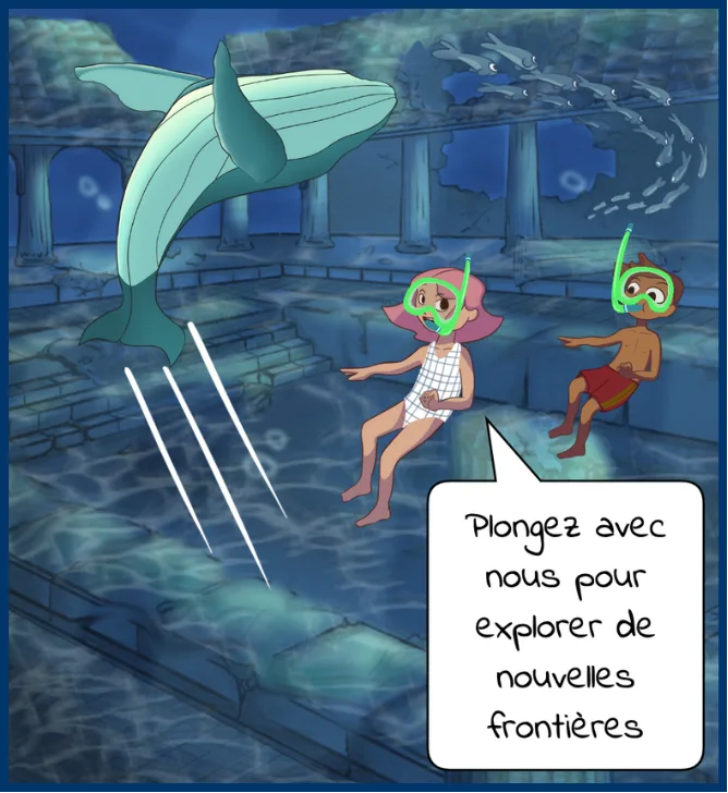 A comic panel: two children in diving suits explore an ocean with a dolphin and other fish in an underwater setting.