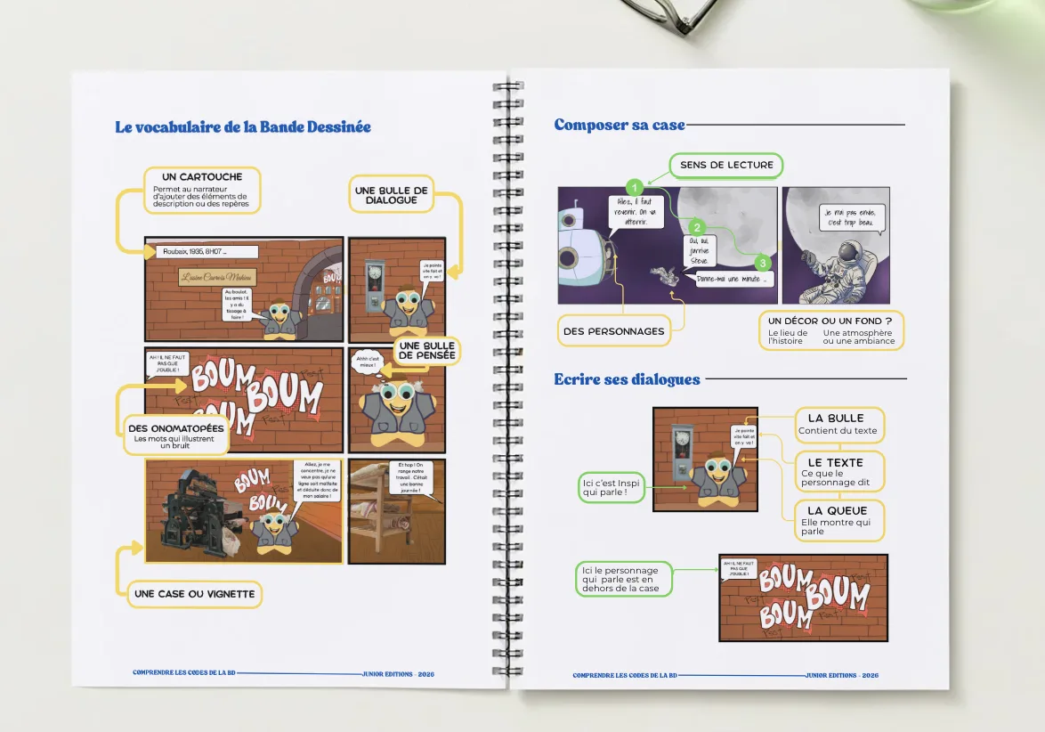 Page of an illustrated teaching guide explaining comic vocabulary with visual examples and text, including a notes sheet, character images and speech bubbles.