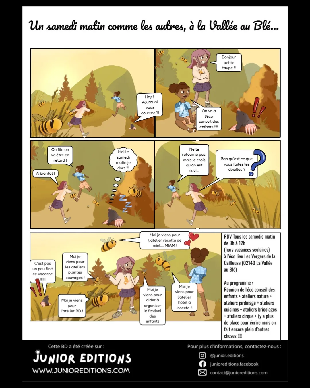 A comic illustrating a morning in the Blé valley with two young girls running through nature, meeting bees and chatting about their Saturday-morning activities, with information about a honey-harvest workshop and other workshops for children.