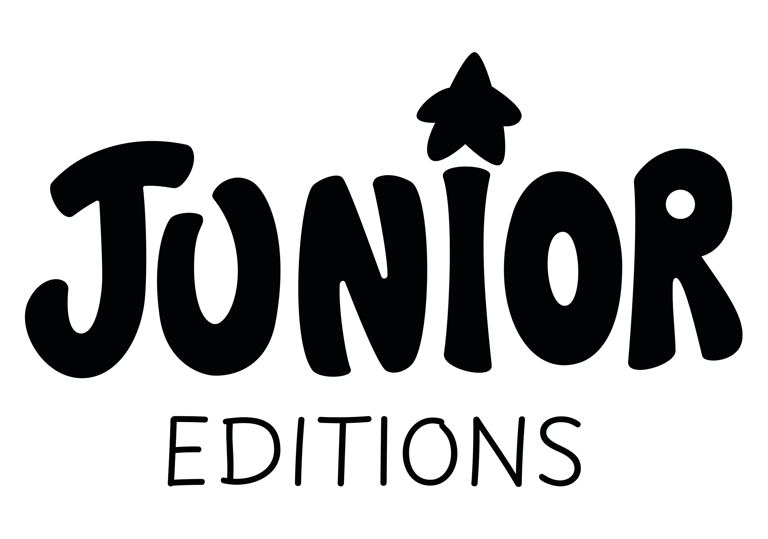 The black version of the Junior Editions logo with stylized, bold and fun text that says "Junior" with a thin "Junior" underneath. The dot of the 'I' is a stylized simple star.