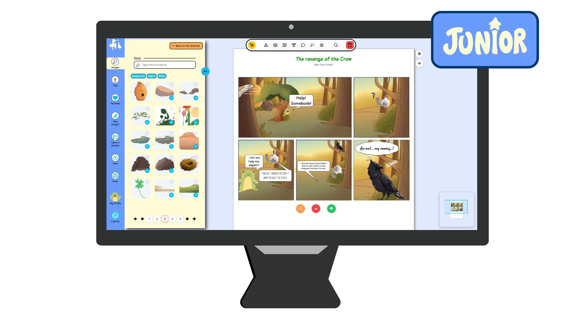 A standard desktop computer monitor featuring the platform Junior Editions with a comic book project on the screen and the illustration library open on the left-hand side, displaying a selection of images for a child to choose from for creations.