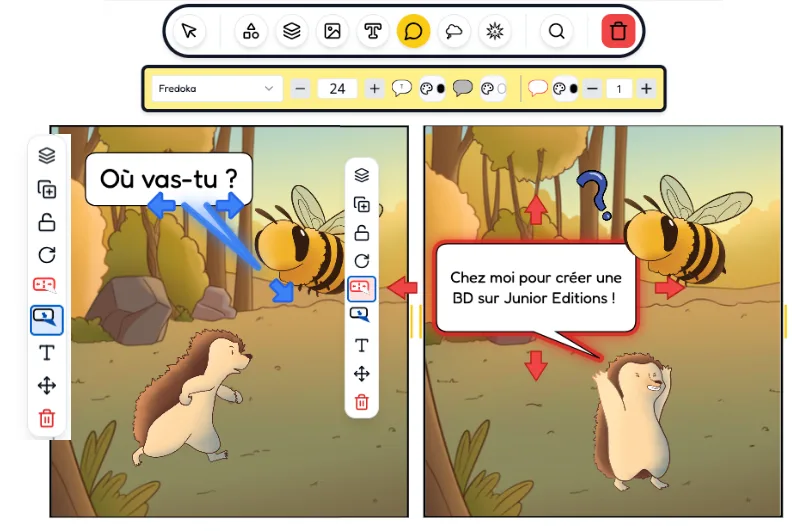 A comic book scene from the Junior Editions software featuring a hedgehog and a bee friend flying nearby. The Hedgehog says in a speech bubble, "To Junior Editions to create a story." An image editing bar with graphic design tools is on the left.