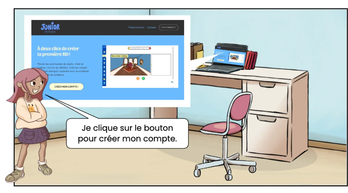 A smiling girl with brown hair, wearing a beige T-shirt with an orange cat and a purple skirt, points at a button on the screen. The screen shows an interface for creating a children’s comic account. The scene takes place with a desk, a pink chair, a laptop and some papers.