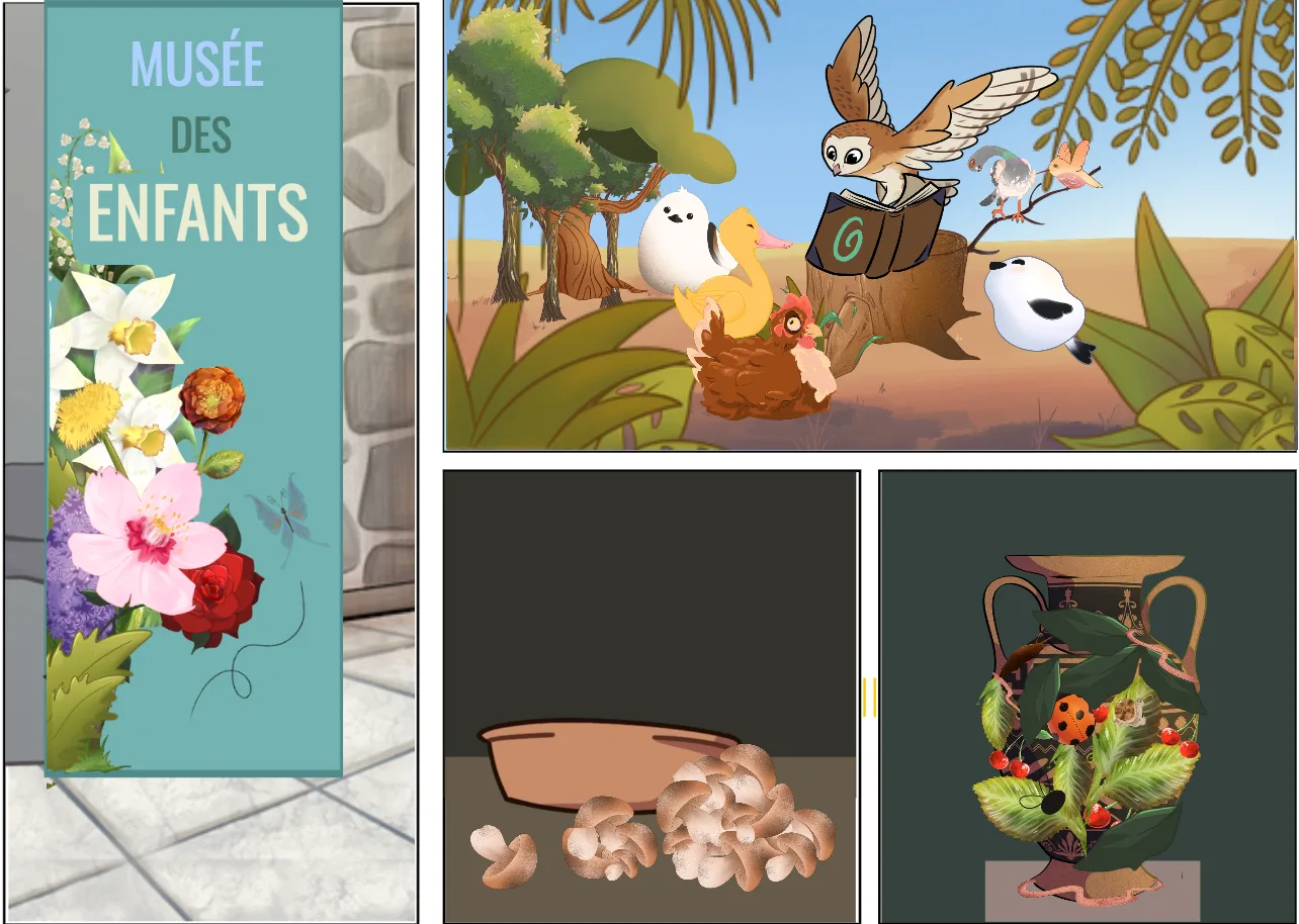 A children’s museum poster with reproductions of works from the museum: colourful flowers, an image of farm animals and nature, a bowl with mushrooms, and a decorative jar containing fruit, an insect and a leaf.
