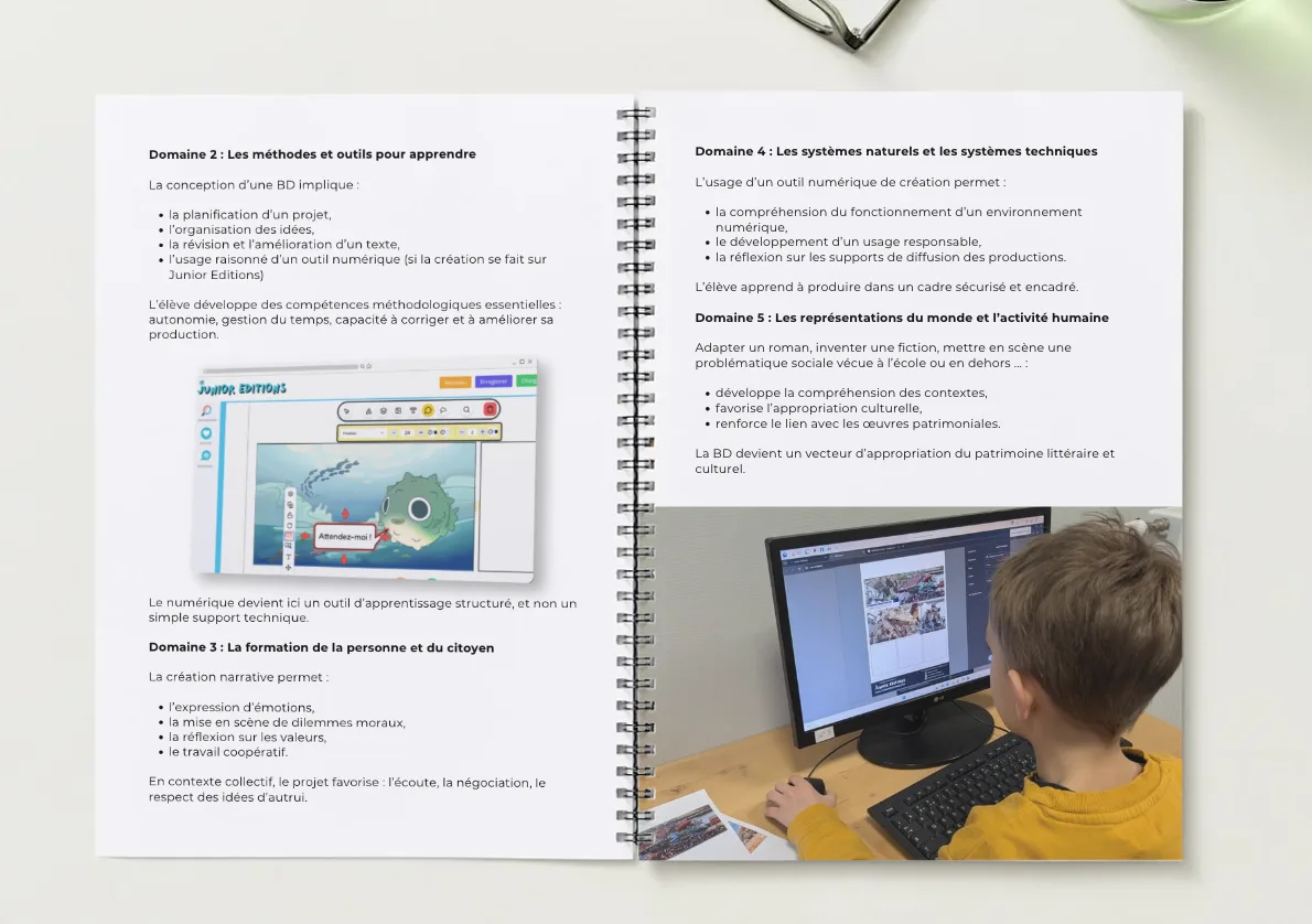 Page of an open teaching guide with text and an image of a child using a computer