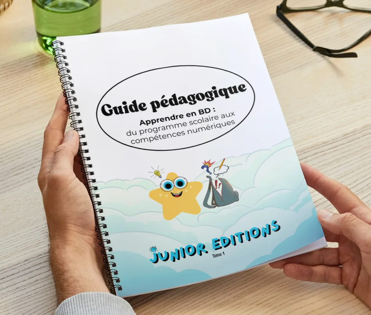 “Teaching Guide” white paper held in hand: a resource for teaching school digital skills through comics.