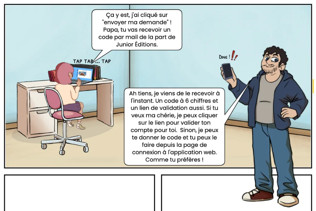 A child using a computer to send a request, a father receiving a validation code on his phone.