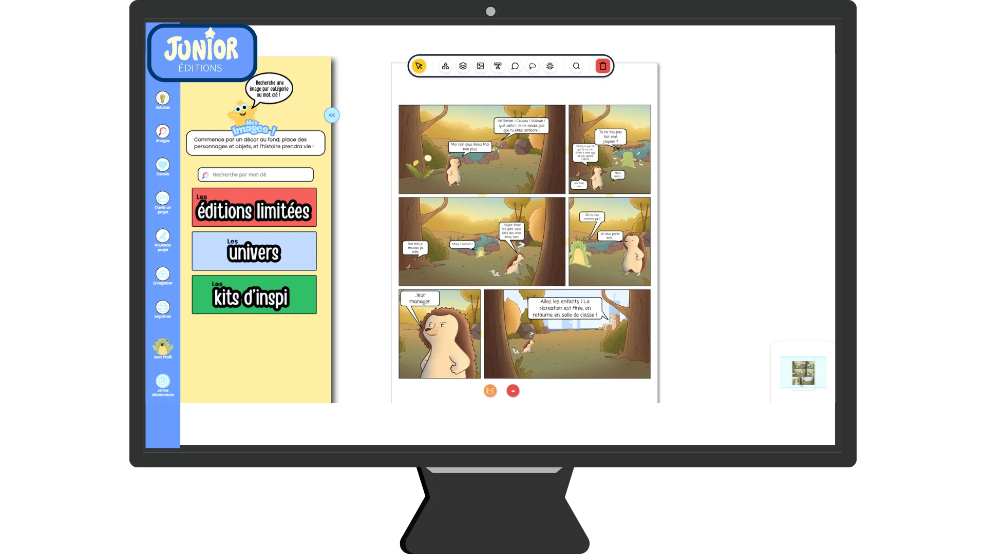 A standard desktop computer monitor featuring the platform Junior Editions with a comic book project on the screen and the illustration library open on the left-hand side, displaying a selection of images for a child to choose from for creations.