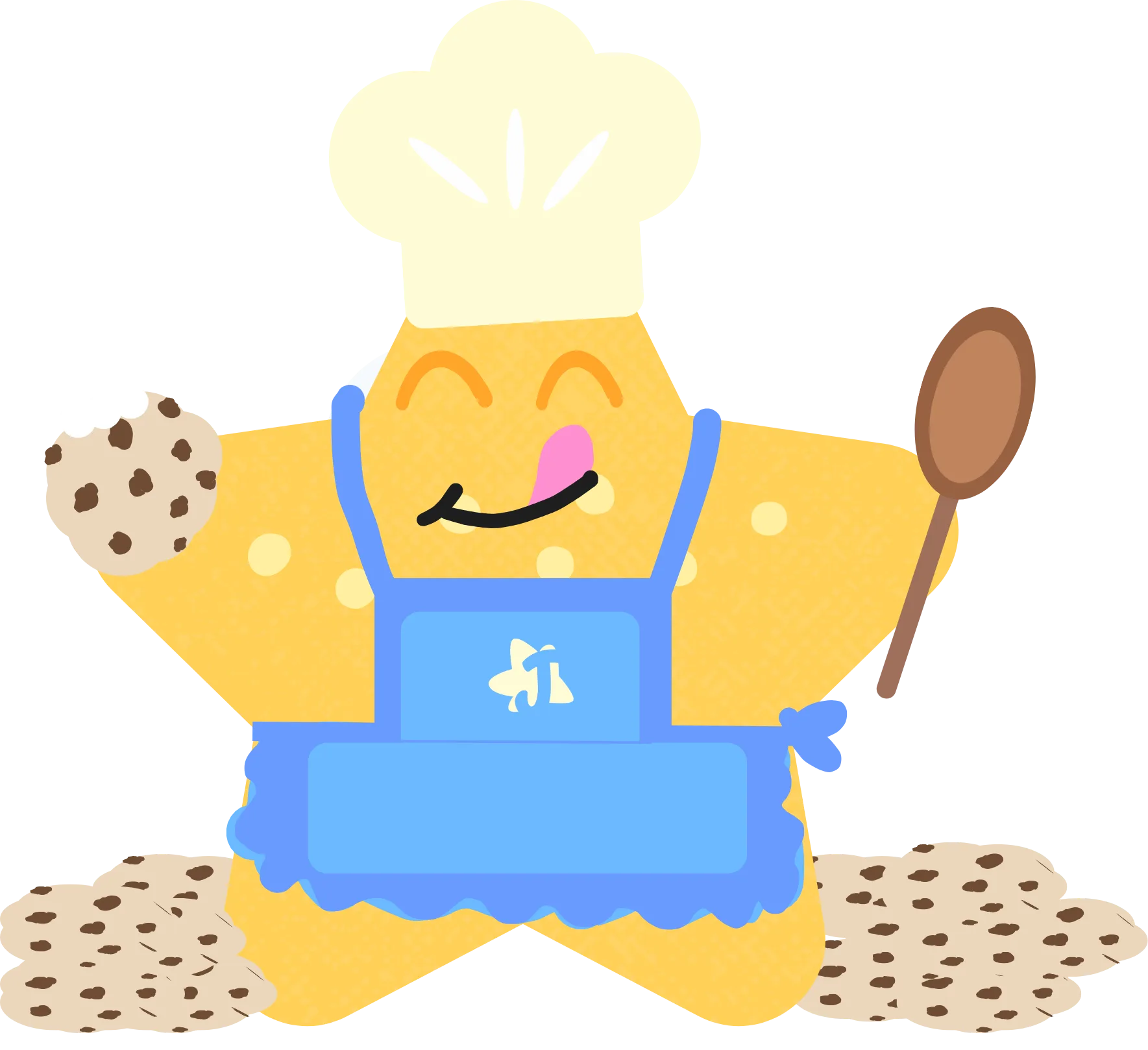 An illustration of the mascot Inspi dressed as a chef, wearing a white hat and a blue apron with a Junior Éditions logo, holding a wooden spoon in one hand and a cookie in the other, with a floor of cookies around his feet.